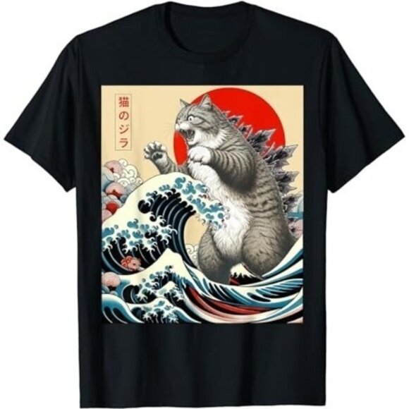 LaNess Tops - Catzilla Cat Japanese Art Funny Cat Gifts T-Shirt